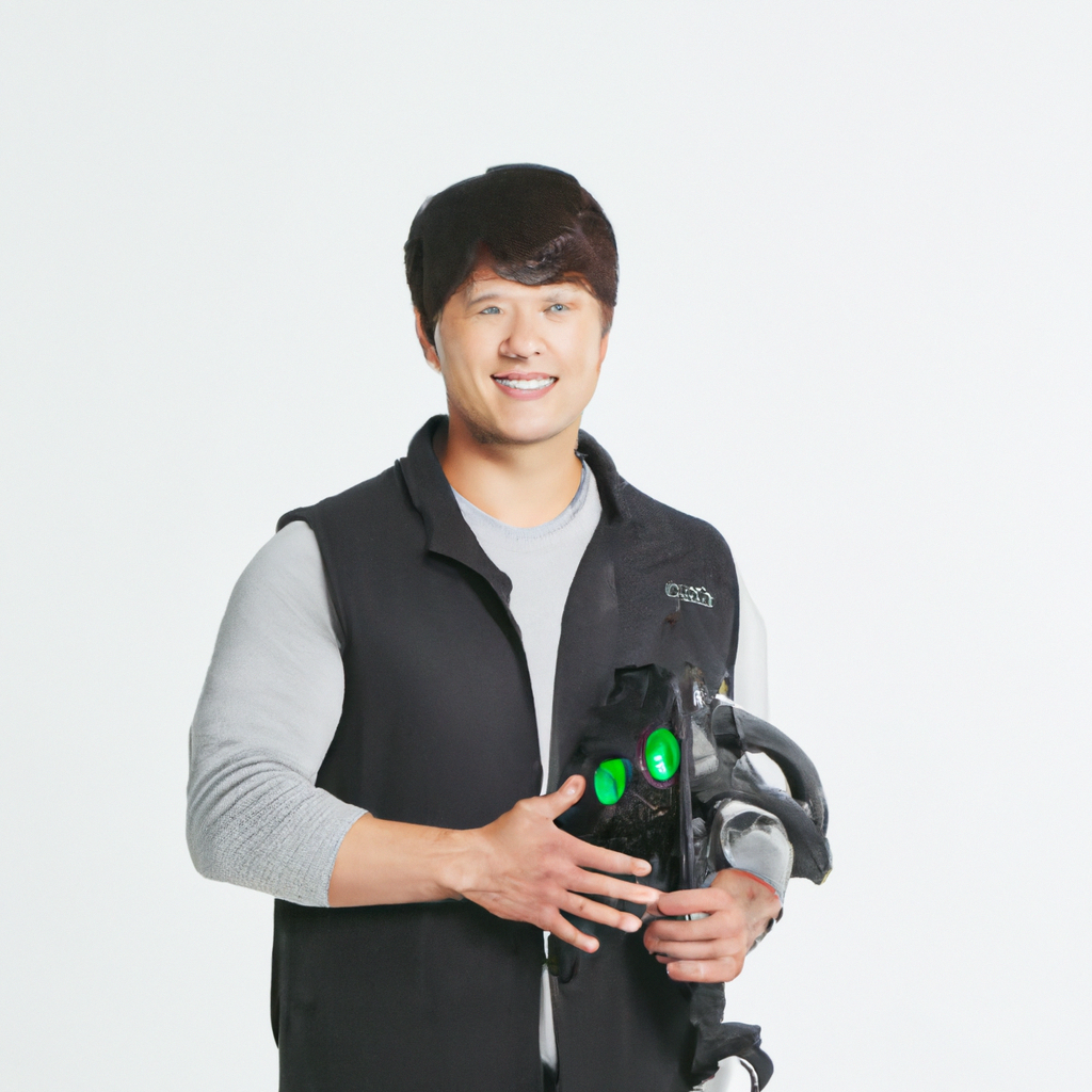 라이팅 엔지니어 박민준의 프로필 사진, 라이트 스탠드 옆, 밝은 미소